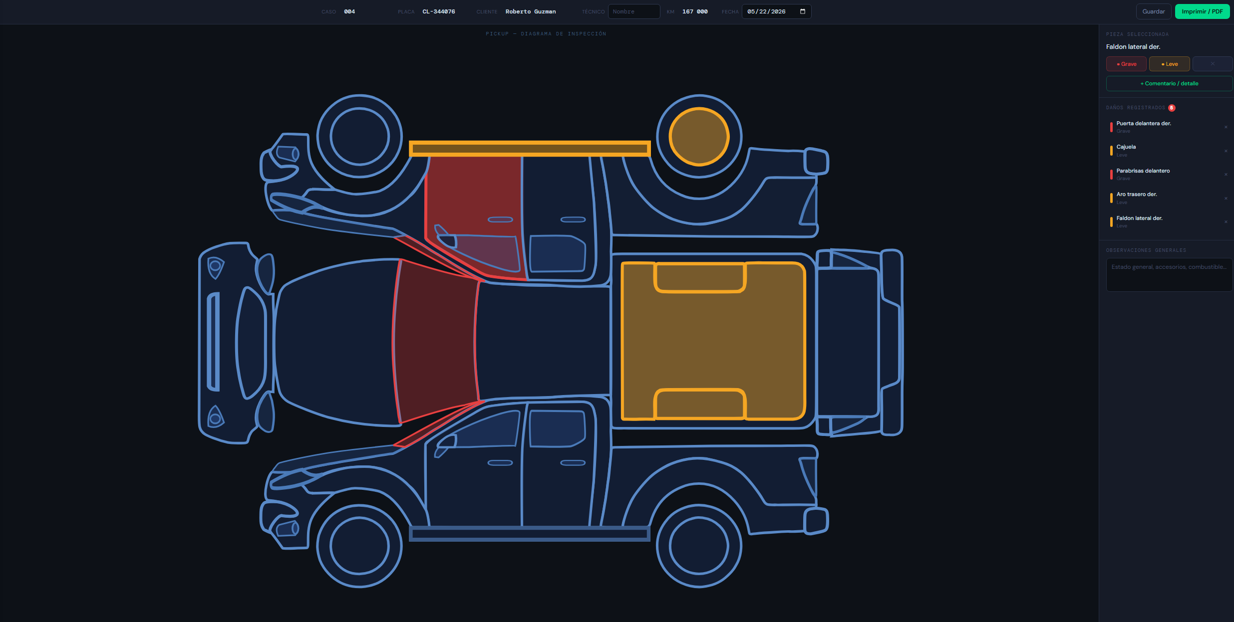 Diagrama SVG de inspección de pickup con piezas marcadas en grave y leve