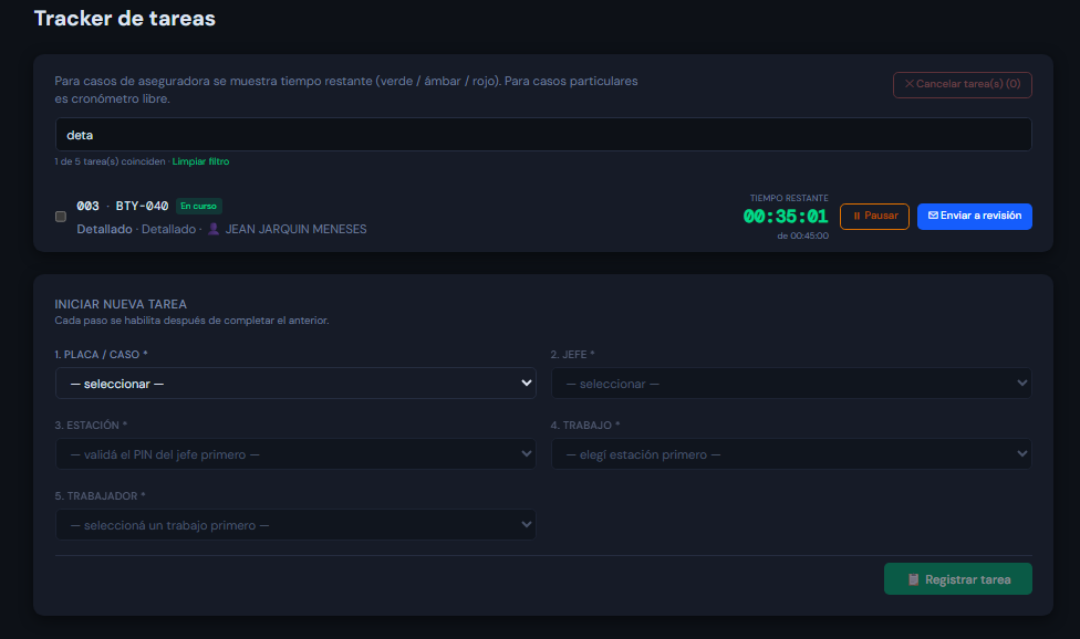Tracker de tareas con cronómetro en verde y flujo de nueva tarea